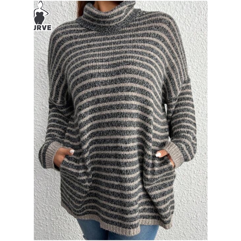 Plus Turtleneck Stripes Pocket Loose fit Sweater Top